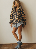 Casaco Feminino de Inverno Floral Cinza em Fleece Upper