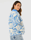 Casaco Feminino de Inverno Floral Azul em Fleece Upper