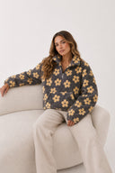 Casaco Feminino de Inverno Floral Cinza em Fleece Upper